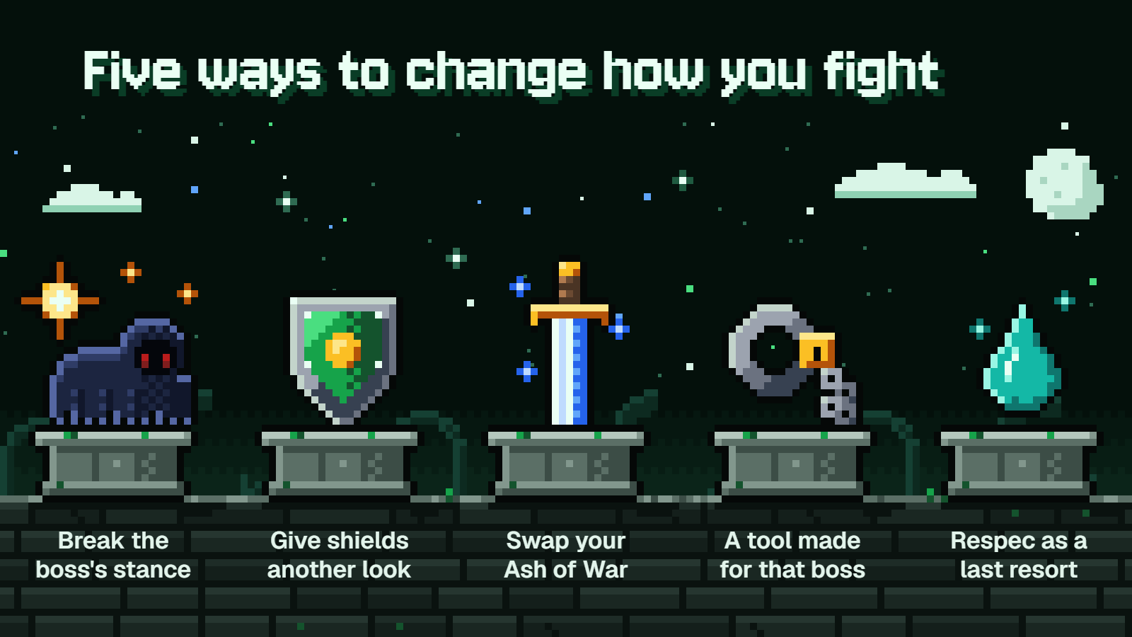 Five ways to change a boss fight: break its stance, try a shield, swap your Ash of War, find a tool made for it, or respec.
