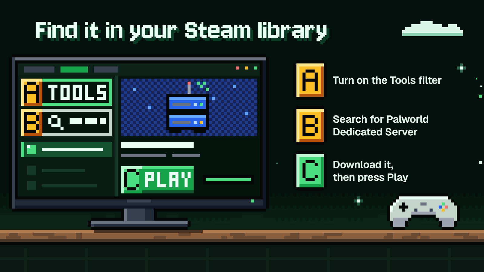 A game library on a monitor with three marked spots: the Tools filter, the search box and the Play button.
